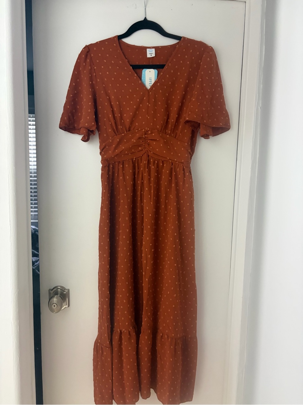 V-Neck Rust Orange Maxi Dress with Gathered Waist